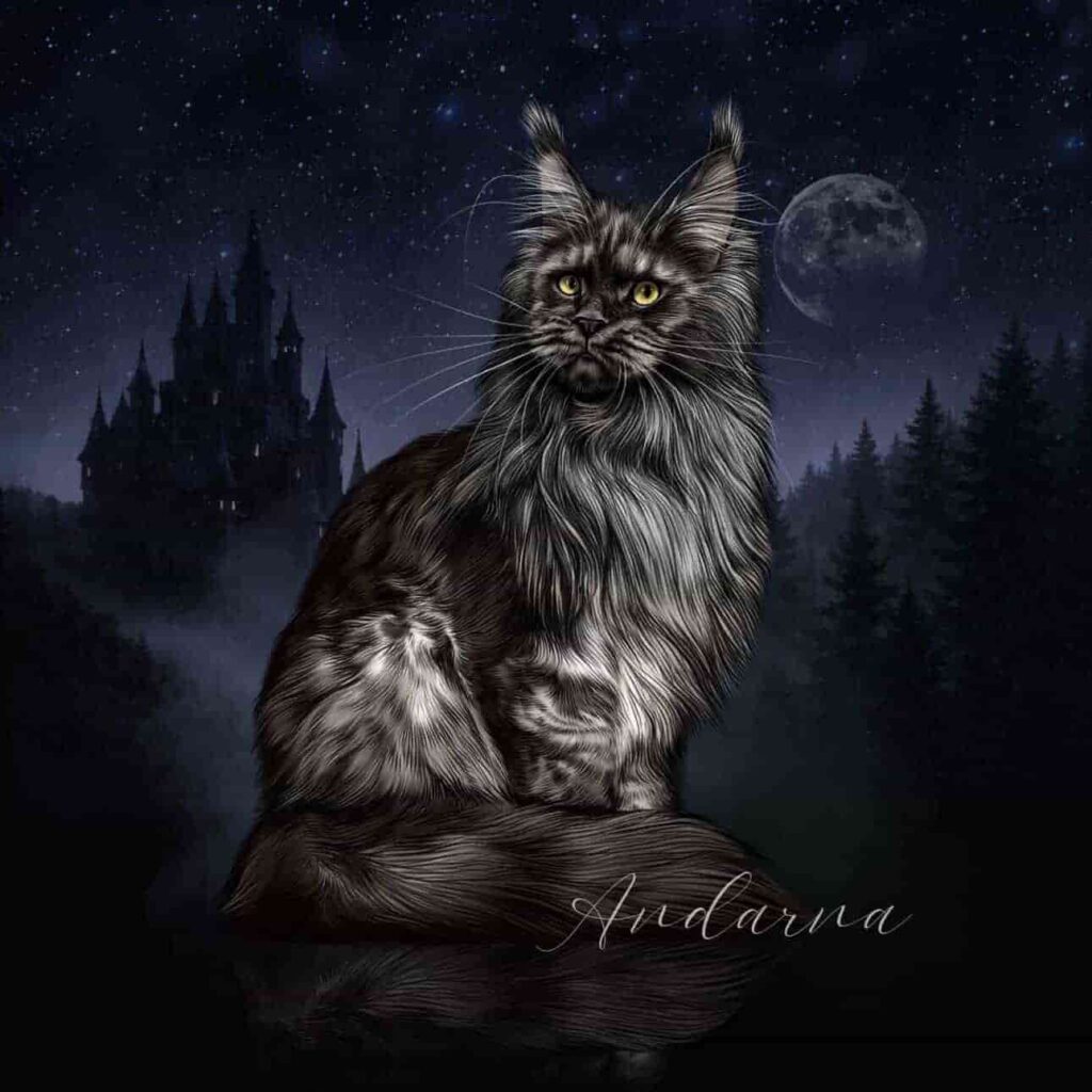 Polydactyl black smoke Maine Coon queen Andarna with long coat and ear tufts imported from Russia at Villainous Felines