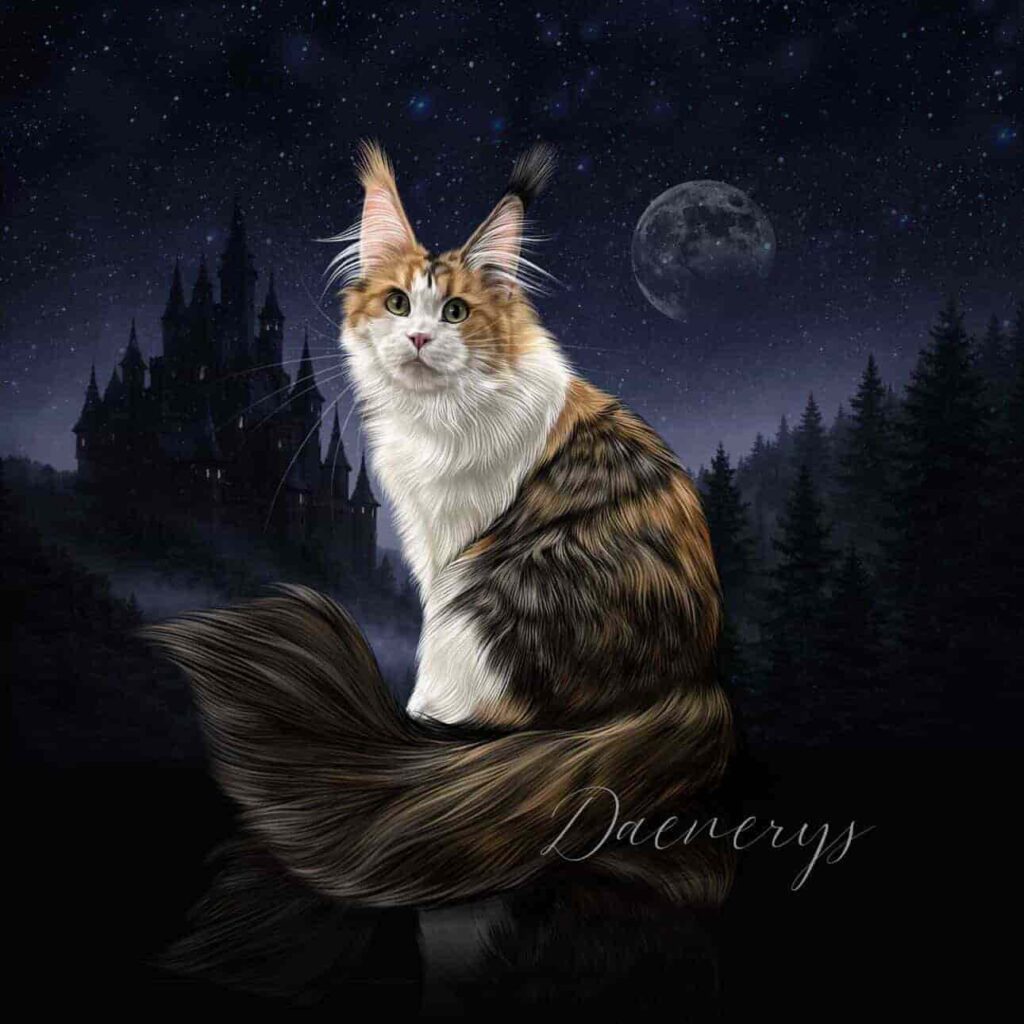 Black tortoiseshell with white Maine Coon queen Daenerys with long coat and ear tufts at Villainous Felines Utah cattery