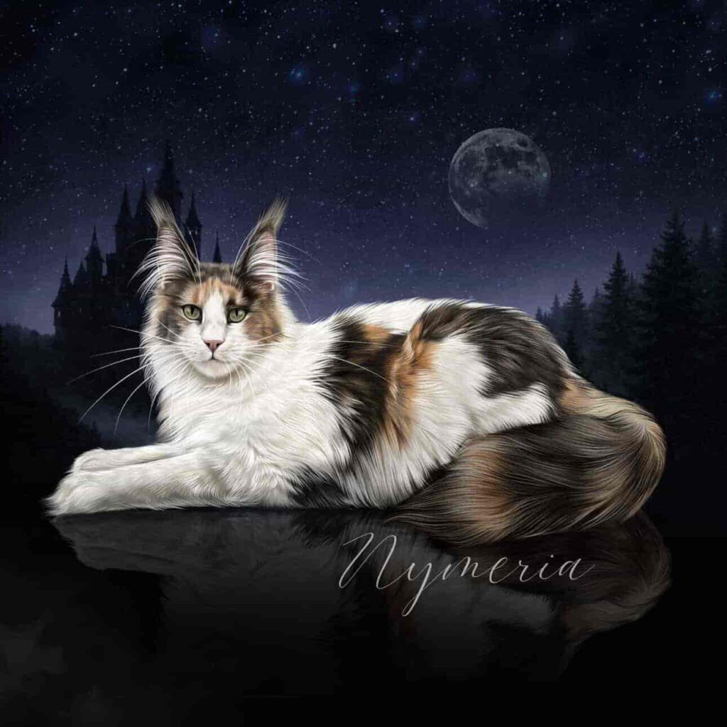 Calico Maine Coon queen Nymeria with long coat and ear tufts under moonlit sky at Villainous Felines cattery