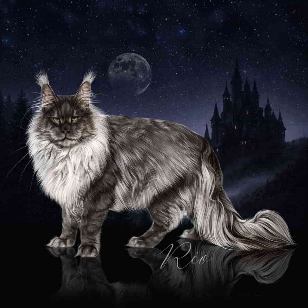 Large black smoke Maine Coon sire Rio with long coat and ear tufts imported from Poland at Villainous Felines cattery