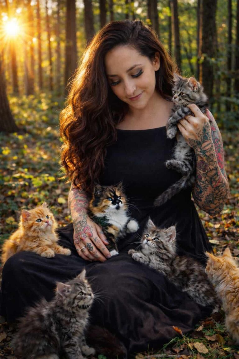 Woman holding and socializing Maine Coon kittens in forest setting – Utah Maine Coon breeder raising affectionate kittens