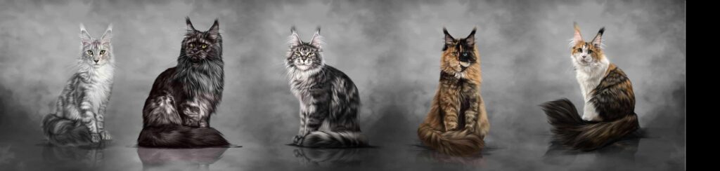 Five Maine Coon cats in a blended lineup portrait featuring silver tabby, black smoke, and tortoiseshell coats, bred by a Utah Maine Coon cattery specializing in high-quality, TICA-registered kittens.