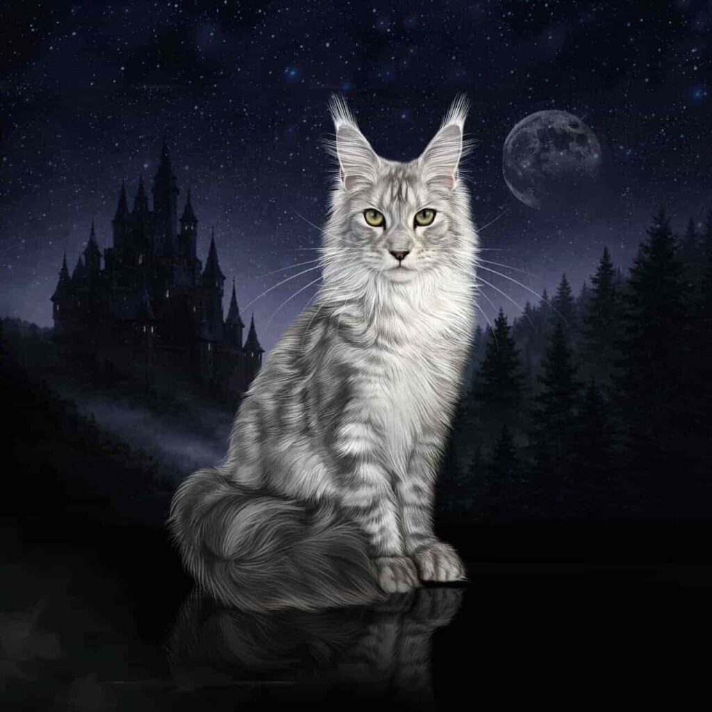Silver tabby Maine Coon polydactyl queen Khalessi from Villainous Felines cattery in Utah